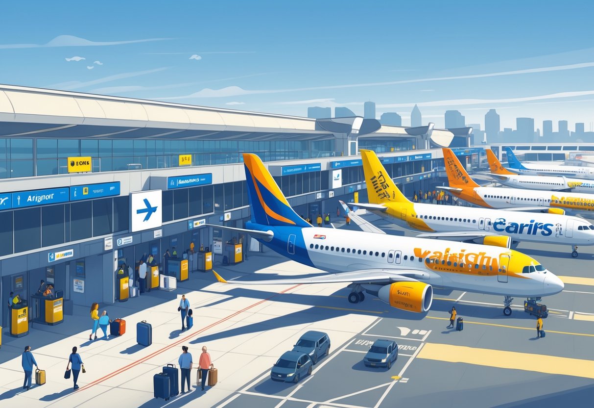 An airport scene in Raleigh, North Carolina with budget airline planes at gates, passengers walking through the terminal, and airport staff working around the planes.