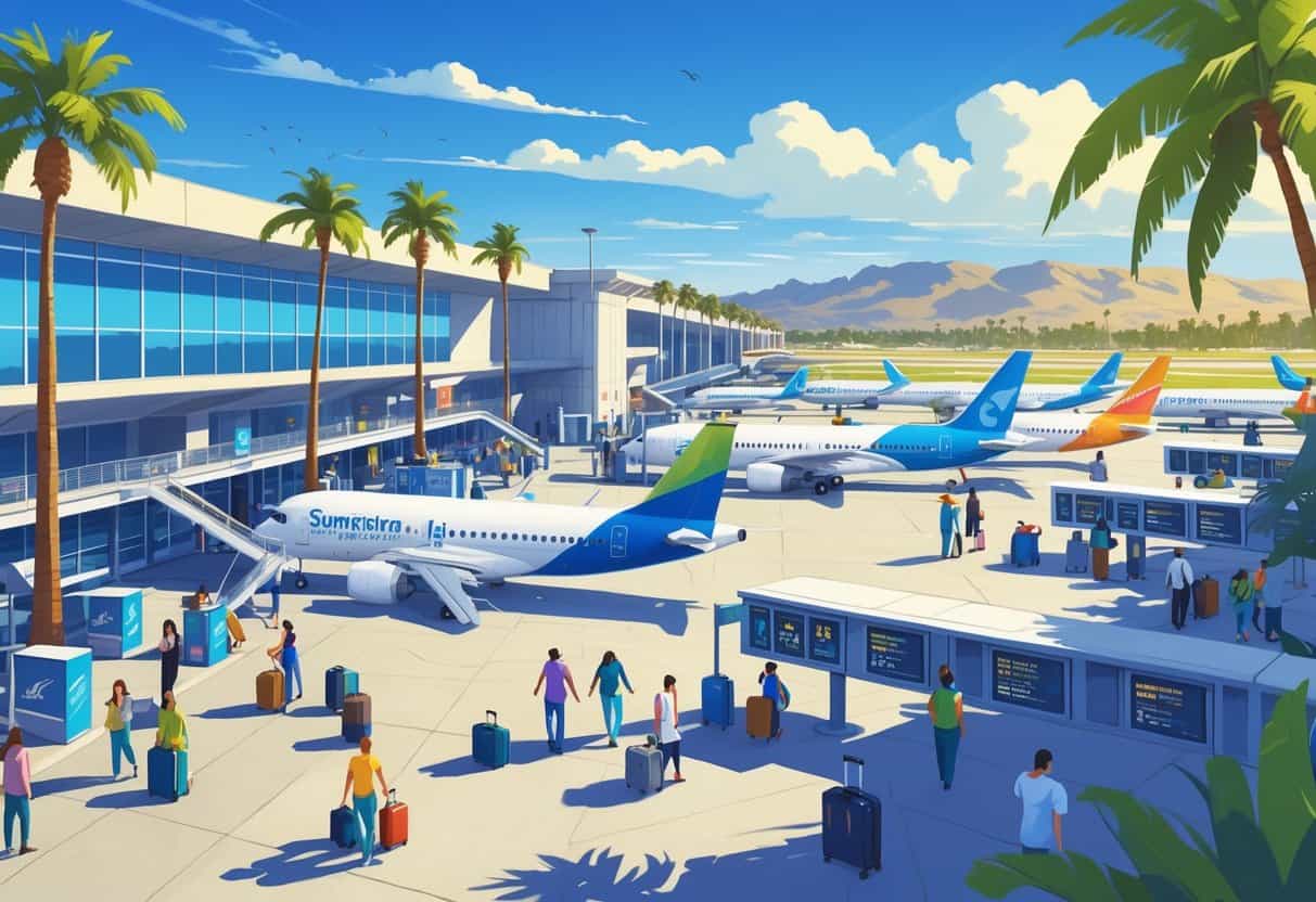 A busy airport in San Bernardino with budget airplanes parked at gates, passengers walking with luggage, and mountains in the background under a sunny sky.