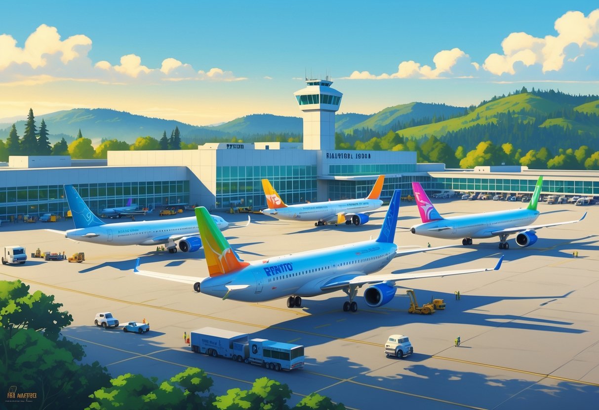 Airplanes from budget airlines parked at Renton Municipal Airport with the terminal, control tower, trees, and hills in the background under a clear sky.