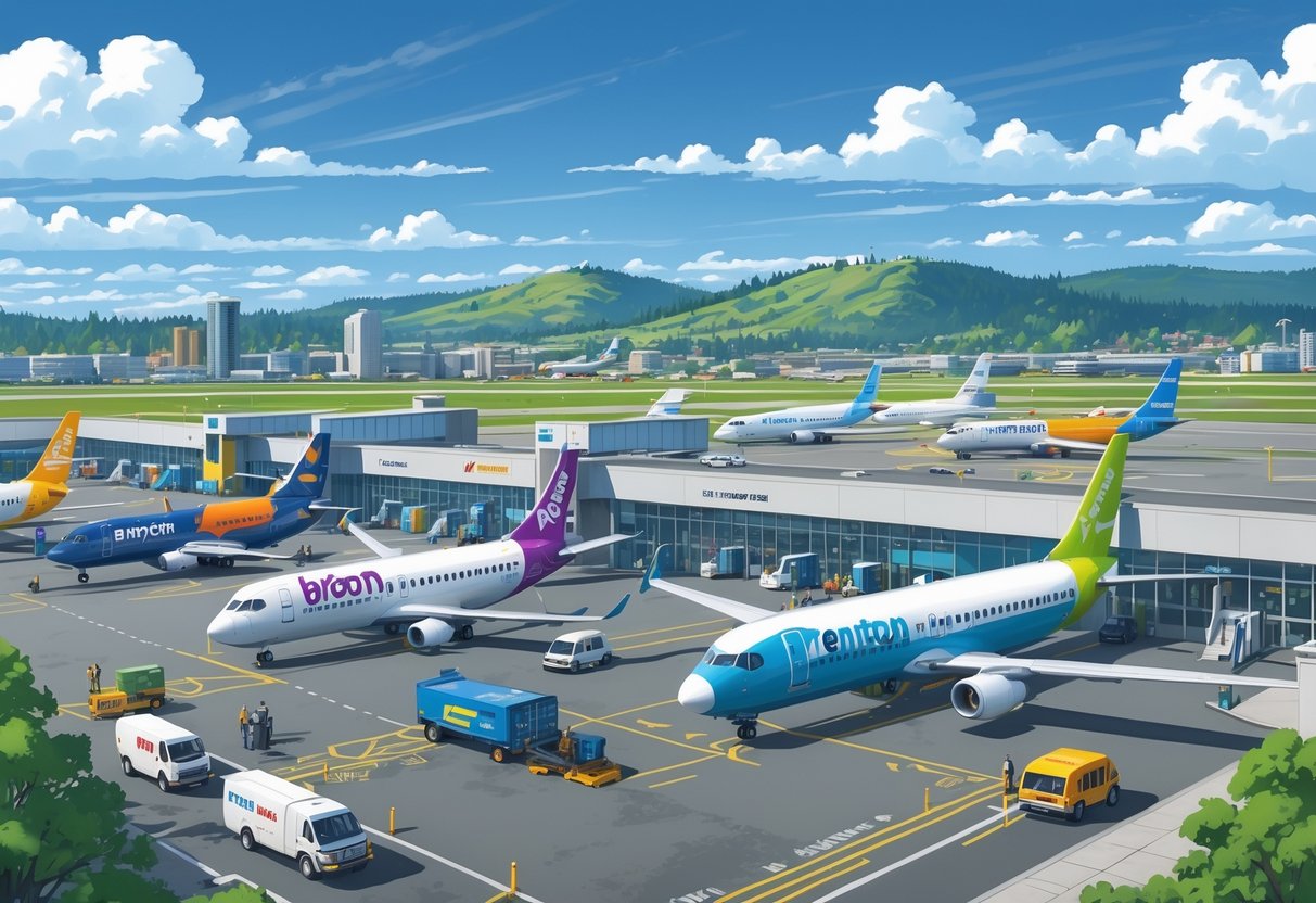 An airport scene in Renton, Washington with budget airplanes parked at gates, passengers walking, and the city skyline with hills in the background.