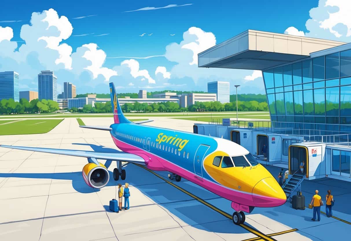An airport scene with a budget airplane at the gate, ground crew and travelers, set against a cityscape representing Sandy Springs, Georgia.