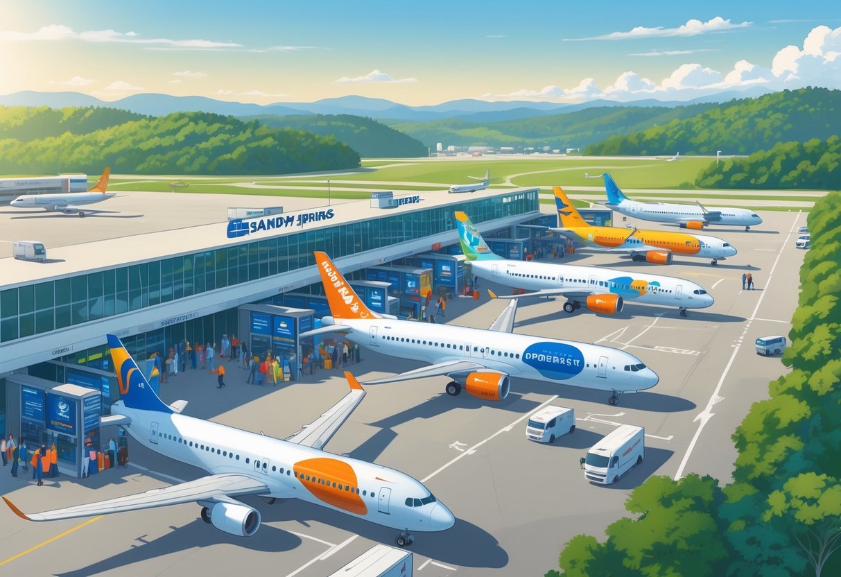 An airport near Sandy Springs, Georgia with budget airline planes at gates and travelers moving around the terminal, set against a city skyline and green hills.