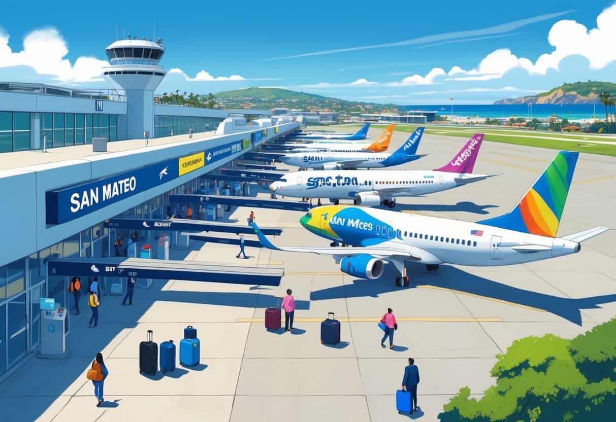 An airport scene in San Mateo, California with budget airline planes parked near a busy terminal and travelers moving around.