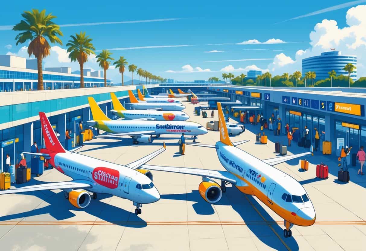 An airport scene in Santa Clara, California with colorful budget airline planes parked at gates, travelers moving around, palm trees, and modern buildings under a clear sky.