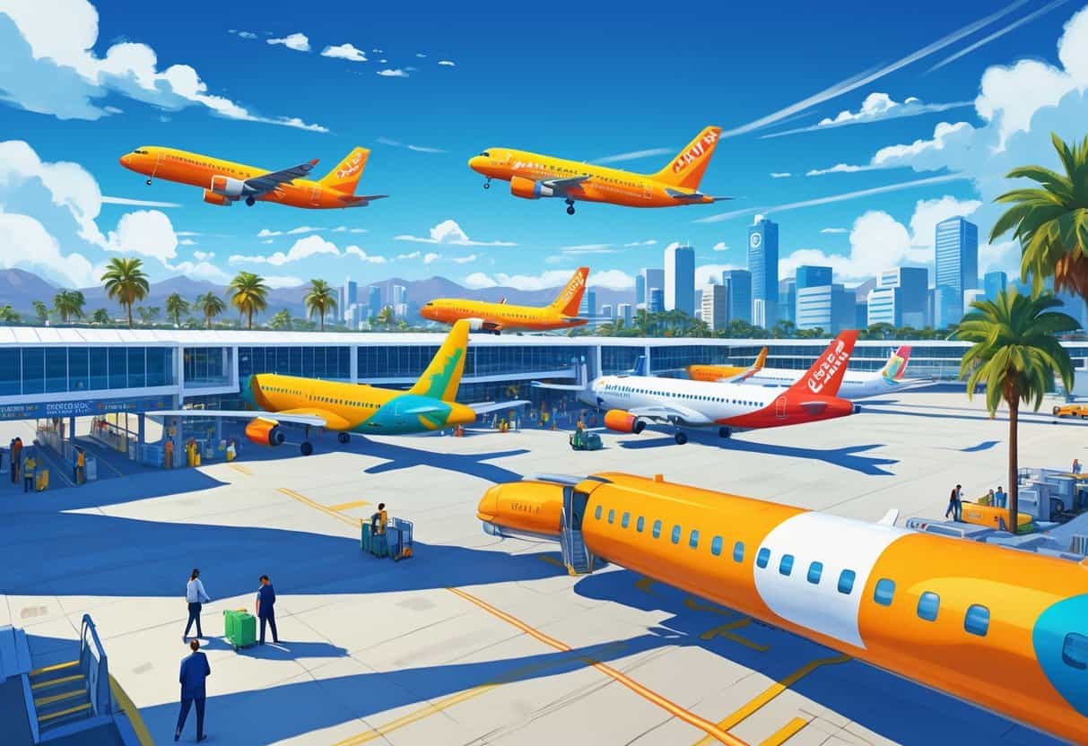 An airport scene in Santa Clara with several colorful budget airplanes, passengers, and ground crew around the terminal, with the city skyline and palm trees in the background.
