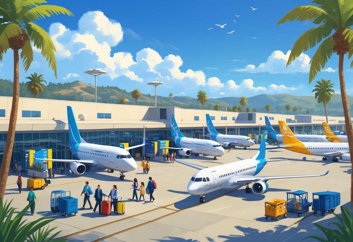 A sunny small airport in Santa Clarita with budget airplanes at gates, travelers walking with luggage, and airport staff assisting passengers.