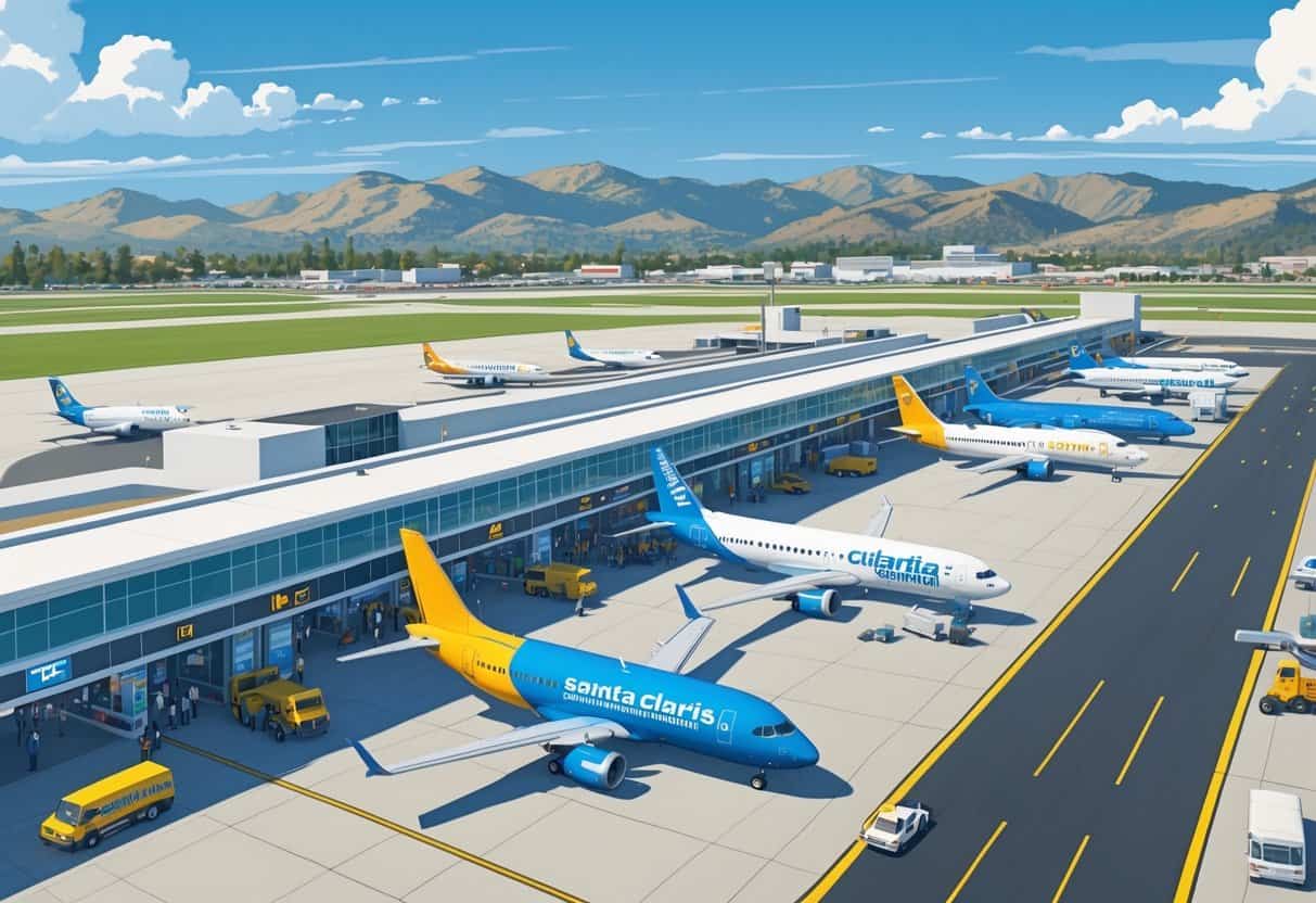 An airport terminal in Santa Clarita with multiple colorful budget airplanes parked and taxiing, surrounded by mountains and clear skies.