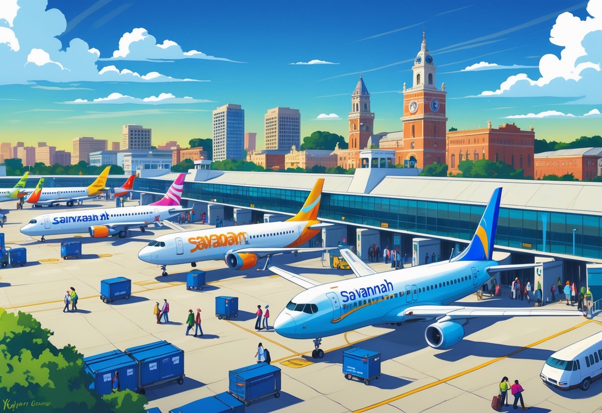 An airport scene in Savannah, Georgia with budget airline planes parked at gates, passengers boarding, and the city skyline in the background.