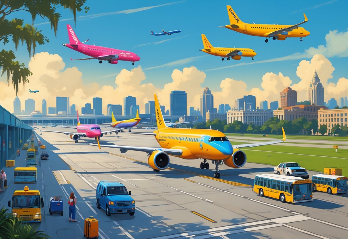 An airport near Savannah, Georgia, with budget airline planes on the runway and the city skyline in the background.