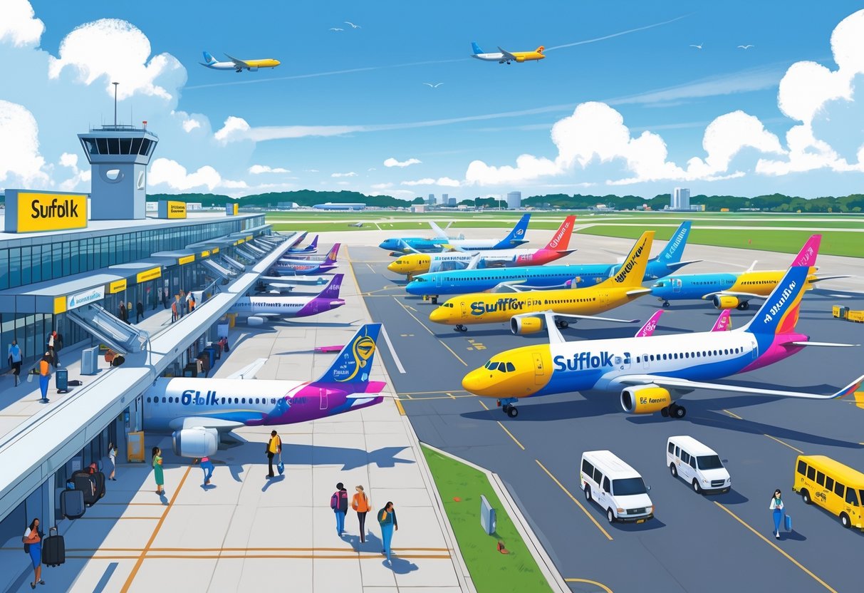 An airport scene in Suffolk, Virginia with colorful budget airplanes on the runway, passengers walking with luggage, airport staff, and Suffolk landmarks in the background under a clear sky.