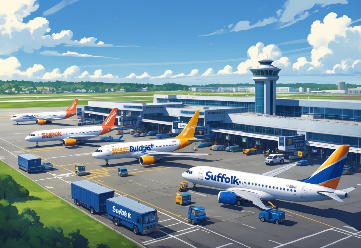 An airport scene in Suffolk, Virginia with several colorful budget airline airplanes parked and taxiing near the terminal, surrounded by ground service vehicles and a cityscape in the background.