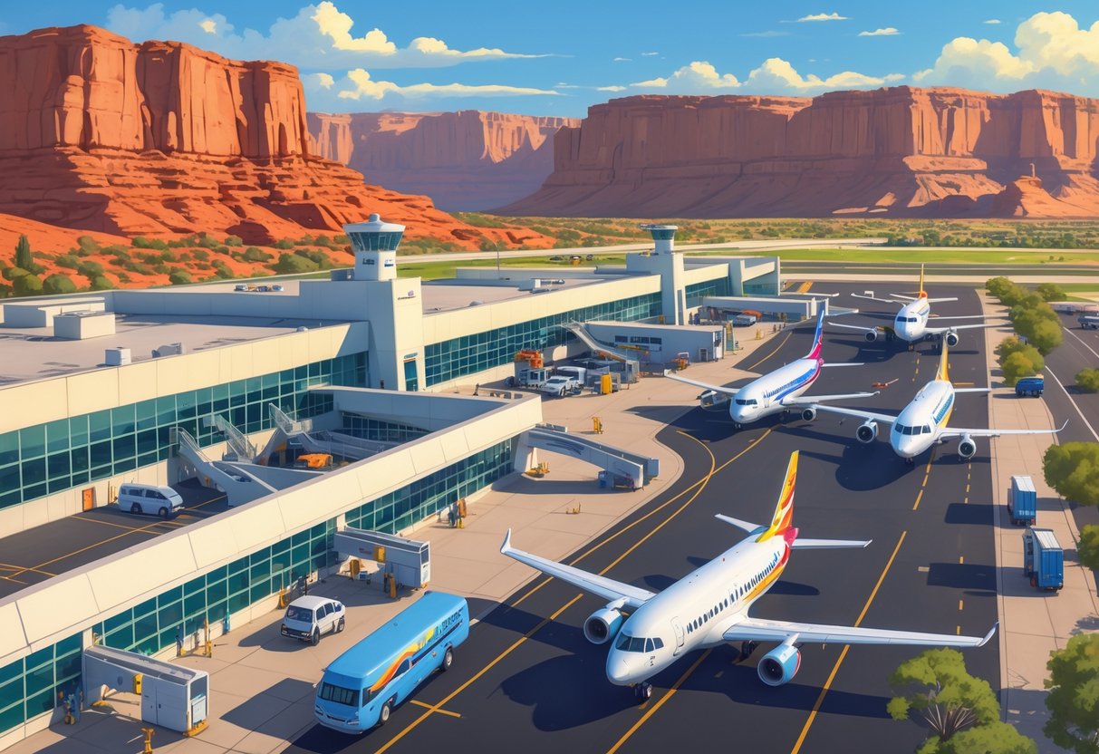 An airport in St. George, Utah with budget airplanes at gates, surrounded by red rock formations and desert landscape under a clear blue sky.