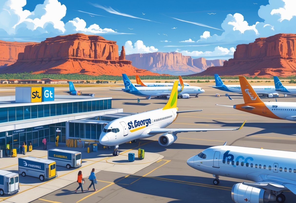An airport in St. George, Utah with budget airline planes on the tarmac and red rock formations in the background.