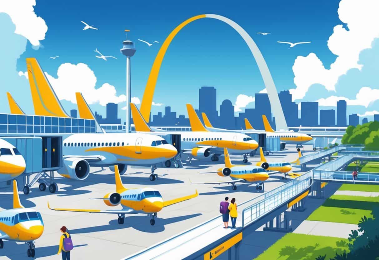 An airport scene with budget airplanes at gates near the Gateway Arch in St. Louis, with travelers boarding planes and the city skyline in the background.