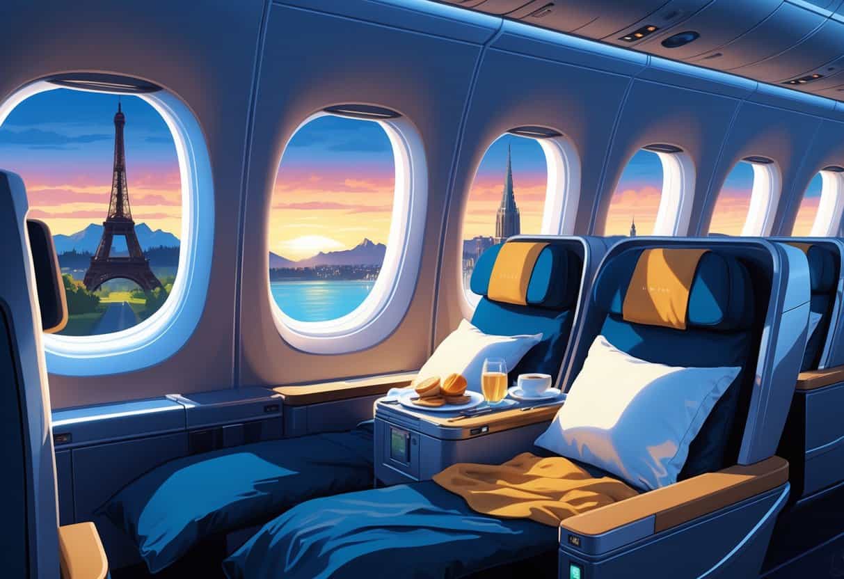 An airplane business class cabin with passengers enjoying luxury seats and meals, with a view of European landmarks through the windows and a map connecting Bellevue to Europe in the background.