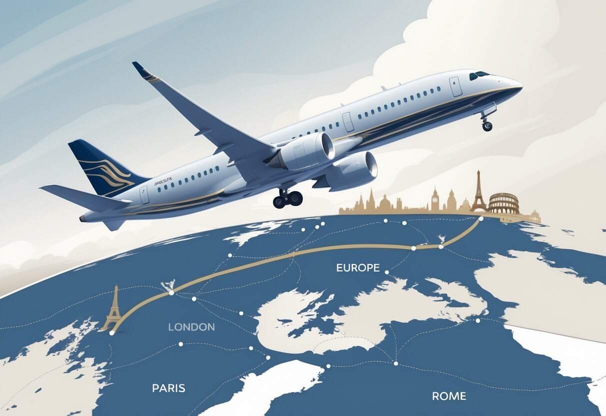 An airplane flying over a map showing a flight route from Boise, Idaho to major cities in Europe with European landmarks near the destinations.