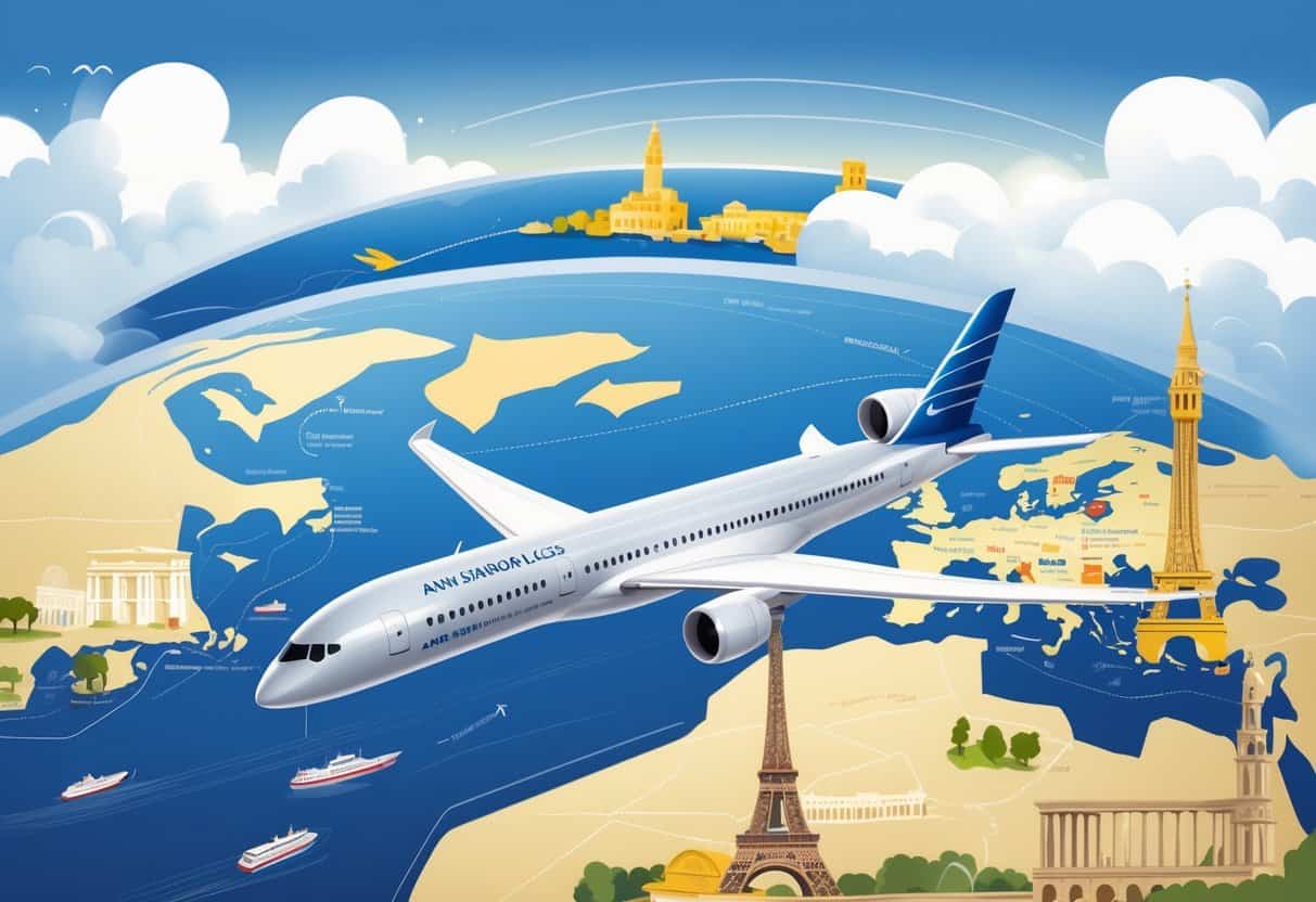 An airplane flying over a map showing a route from Ann Arbor, Michigan to major European cities with landmarks like the Eiffel Tower and Big Ben in the background.