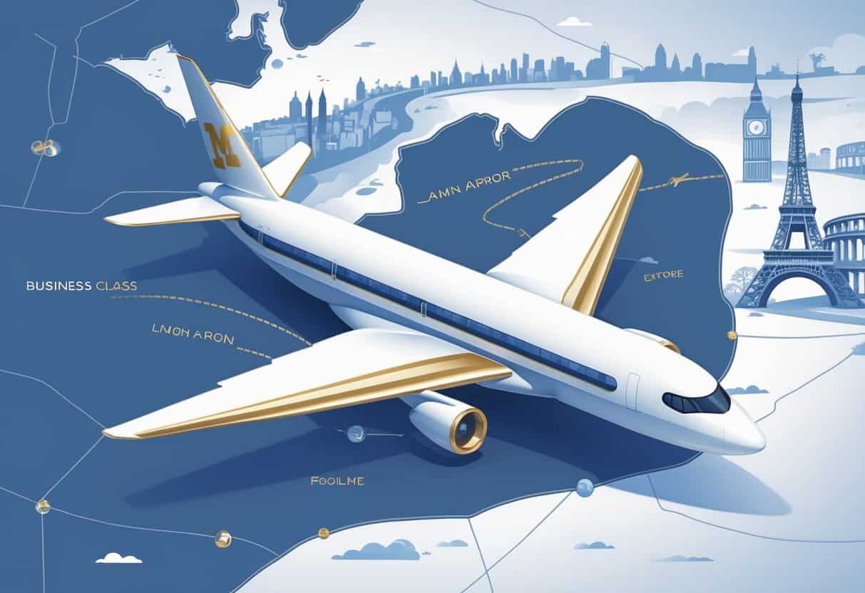 An airplane flying from Ann Arbor to Europe with business class passengers visible inside and landmarks of European cities in the background.