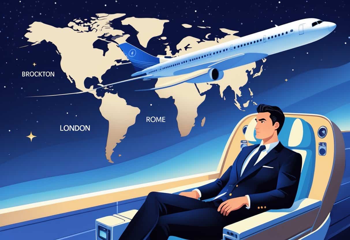 An airplane flying over a map from Brockton, Massachusetts to Europe with a business traveler seated comfortably inside a luxurious airplane cabin.