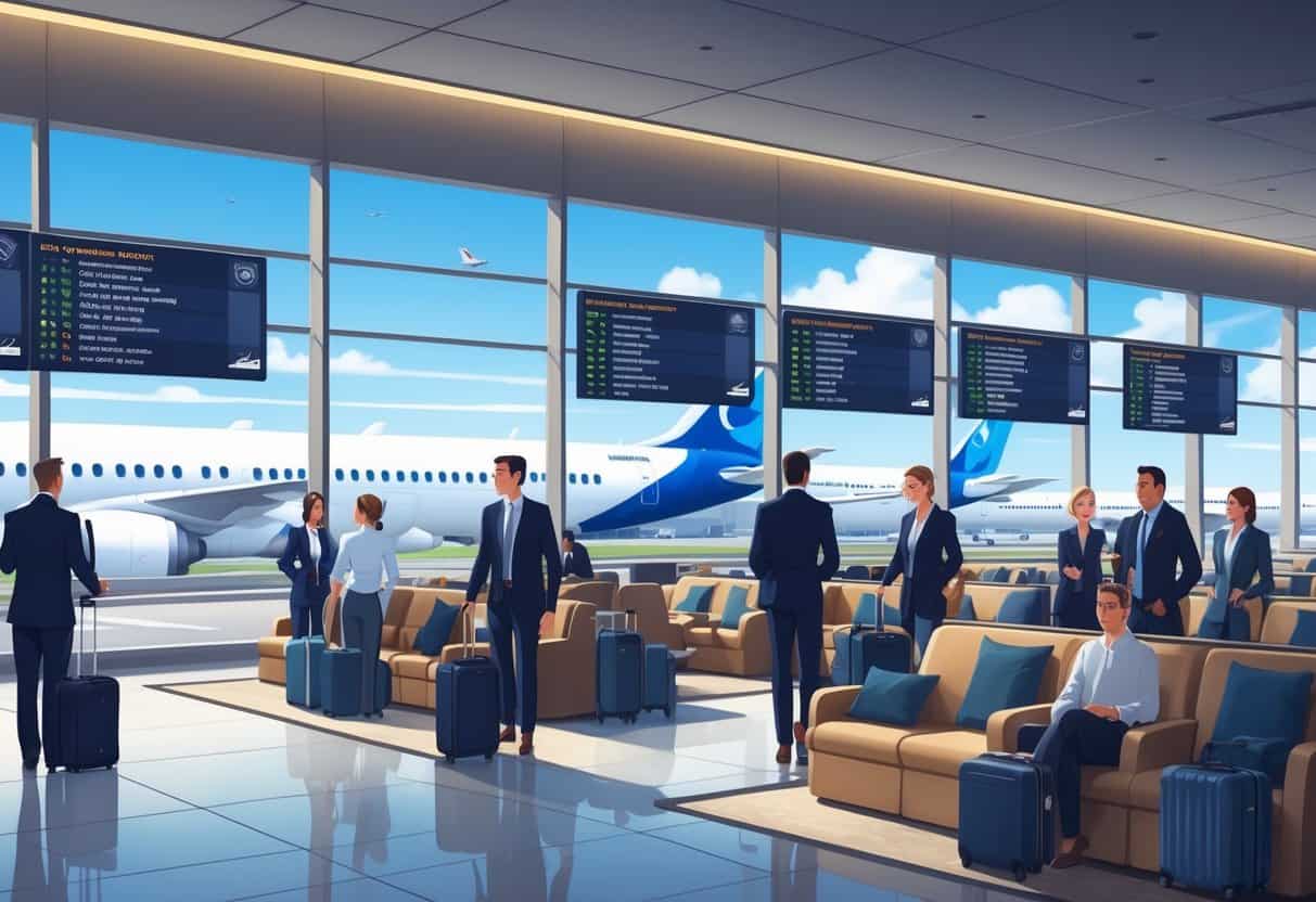 Passengers in a modern airport lounge preparing for business class flights to Europe, with airplanes visible outside large windows.