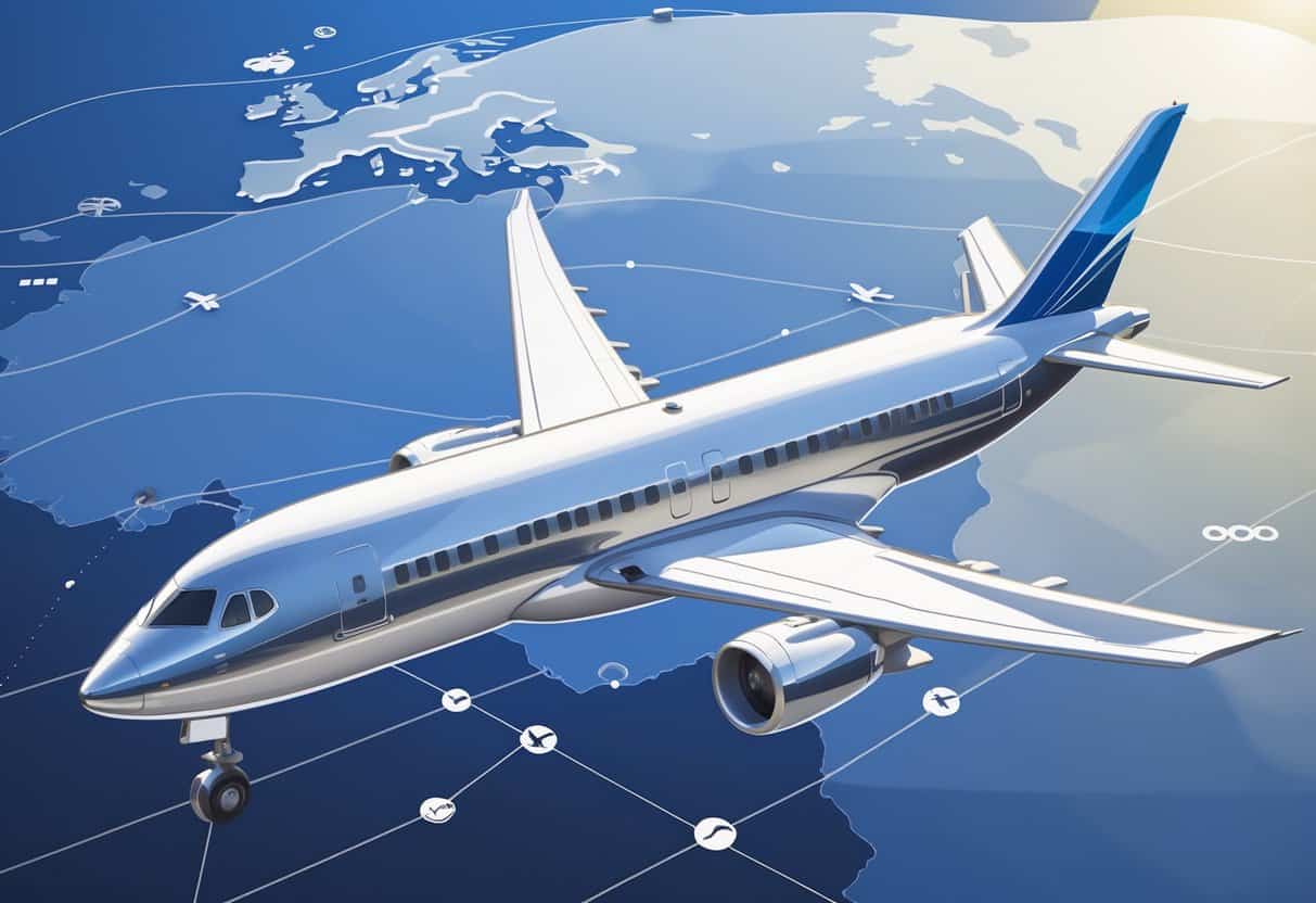 An airplane flying over a map showing a route from Buckeye, Arizona to major cities in Europe with visible business class seats and passengers enjoying luxury amenities.