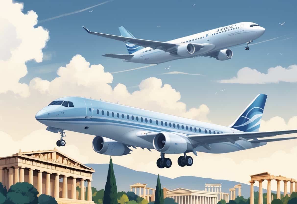 A business class airplane flying above Athens, Georgia with famous European landmarks visible in the background.