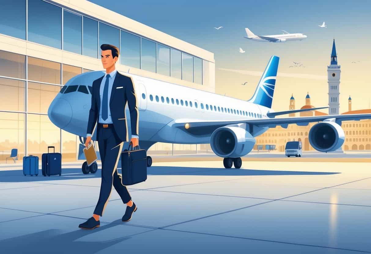 A business traveler walking toward a modern airplane at an airport with European landmarks faintly visible in the background sky.