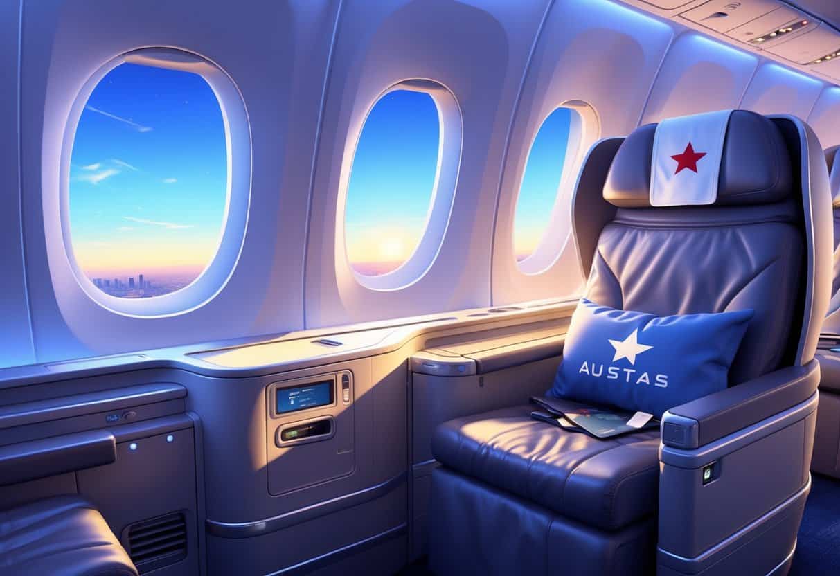 Luxurious airplane business class cabin with spacious seats and a view of the sky and Europe in the distance.