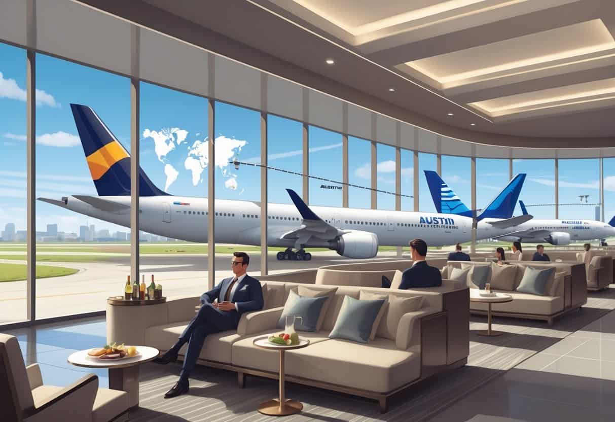 An airport lounge with business travelers relaxing and airplanes from European airlines parked outside, highlighting flights from Austin to Europe.