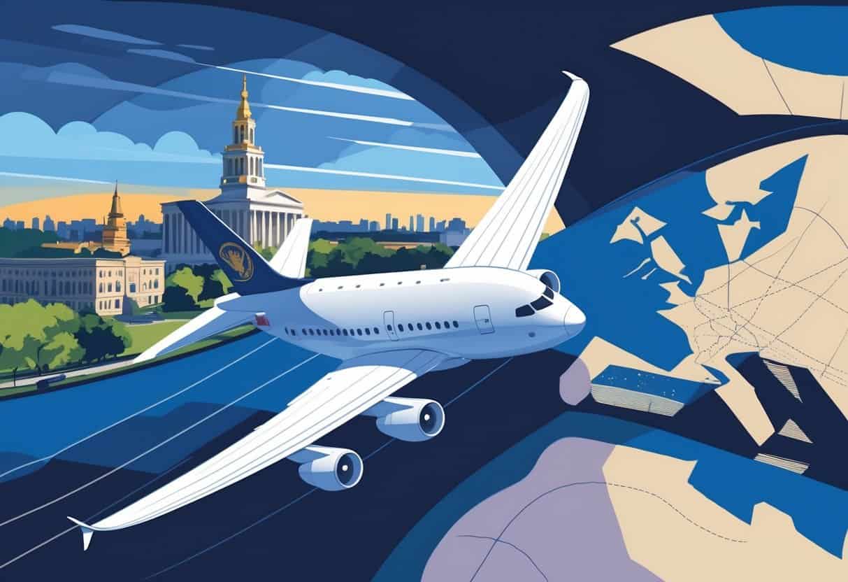 An airplane flying between the Baton Rouge skyline and famous European landmarks, symbolizing business class flights from Louisiana to Europe.