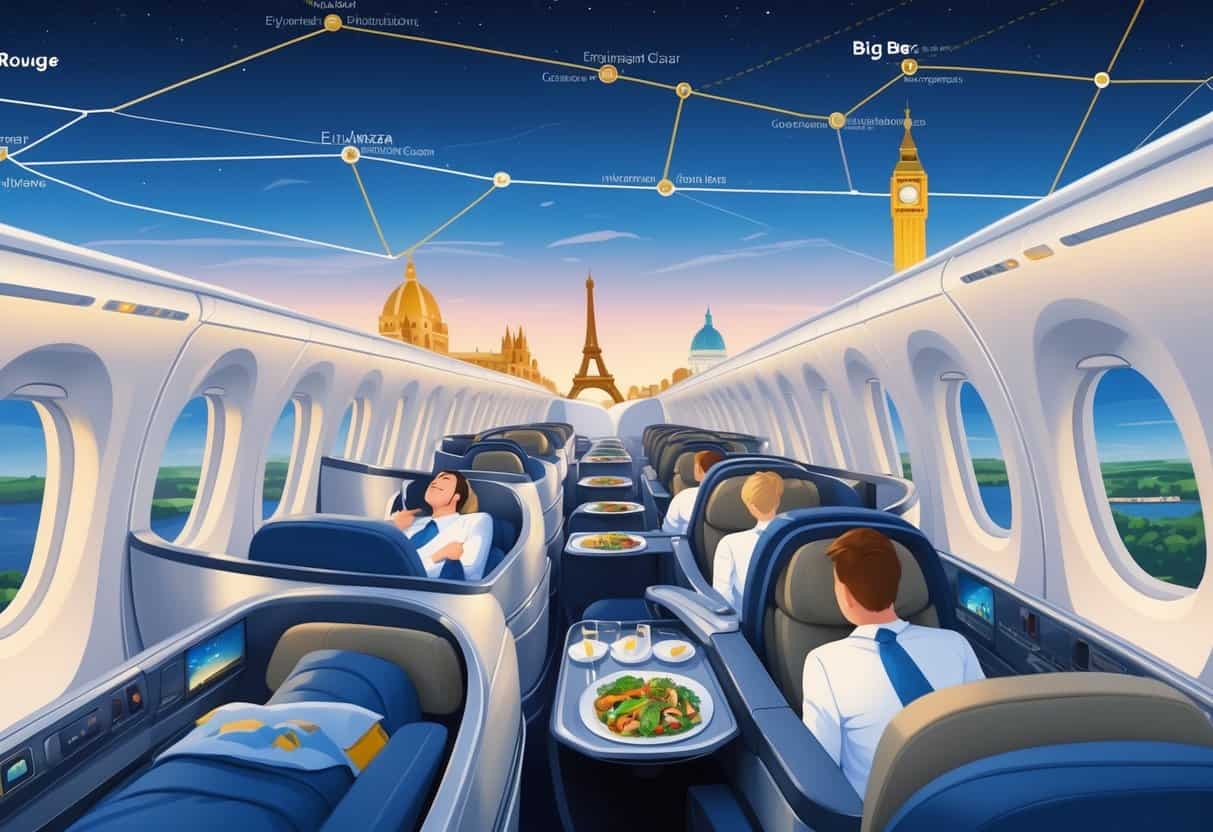 An airplane business class cabin with comfortable seats and passengers, showing a view outside the window of European landmarks and a map connecting Baton Rouge to Europe.