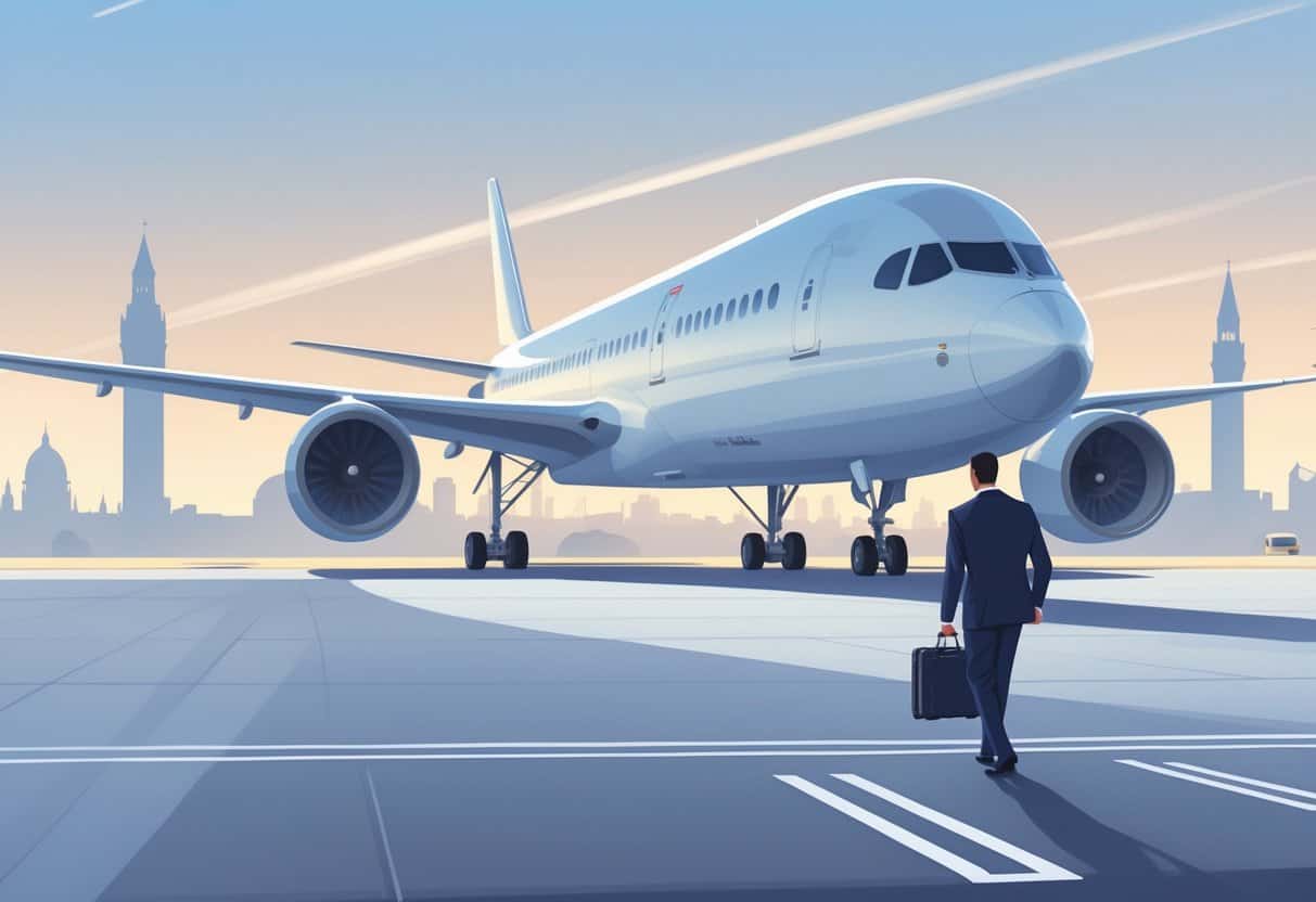 A business traveler walking toward a large airplane at Baltimore airport with European landmarks visible in the distant background.