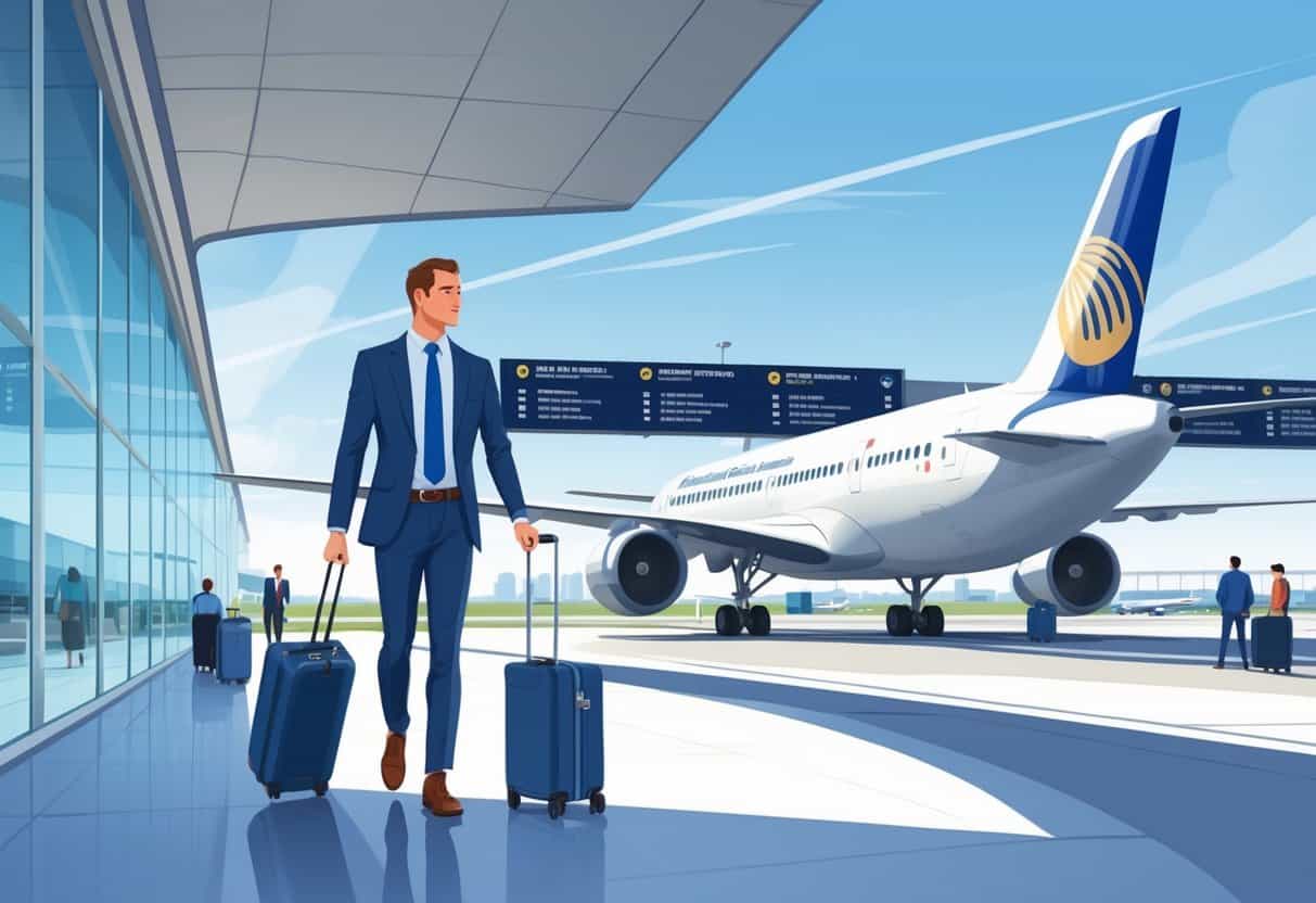 A business traveler walking through Baltimore airport near a parked airplane preparing for a flight to Europe.