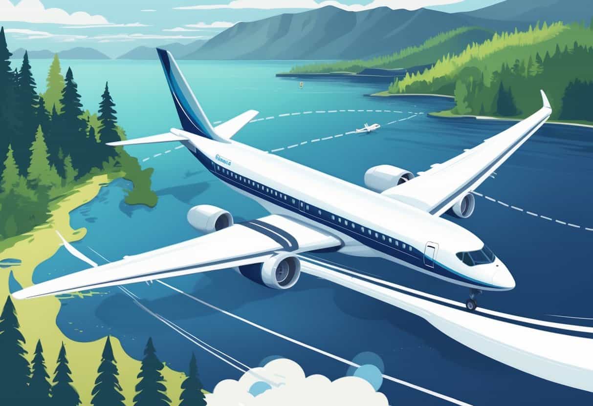 An airplane flying from a mountainous airport surrounded by pine trees towards a map showing Europe with famous landmarks.