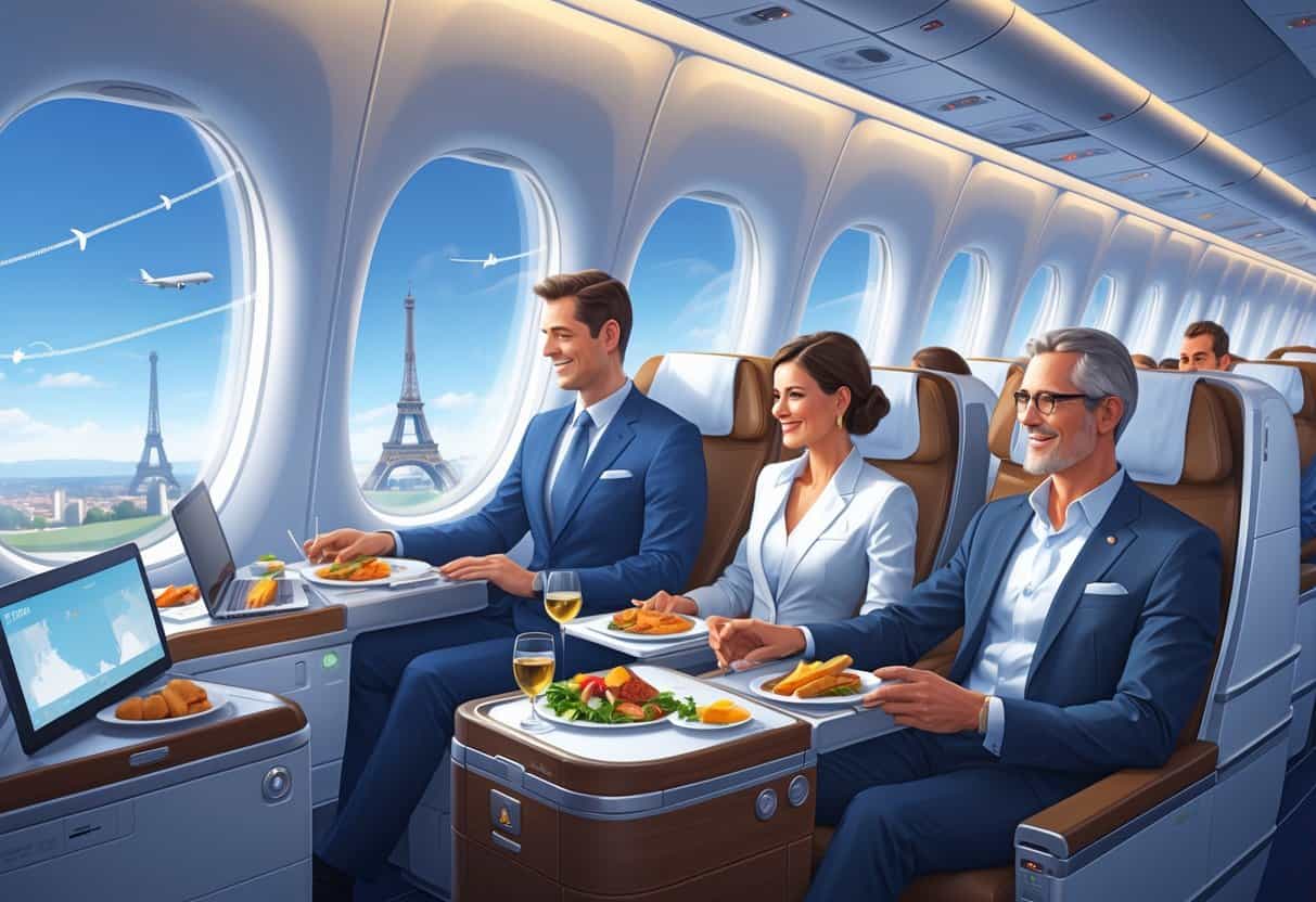 Interior of a business class airplane cabin with passengers seated comfortably and a view of European landmarks through the windows.