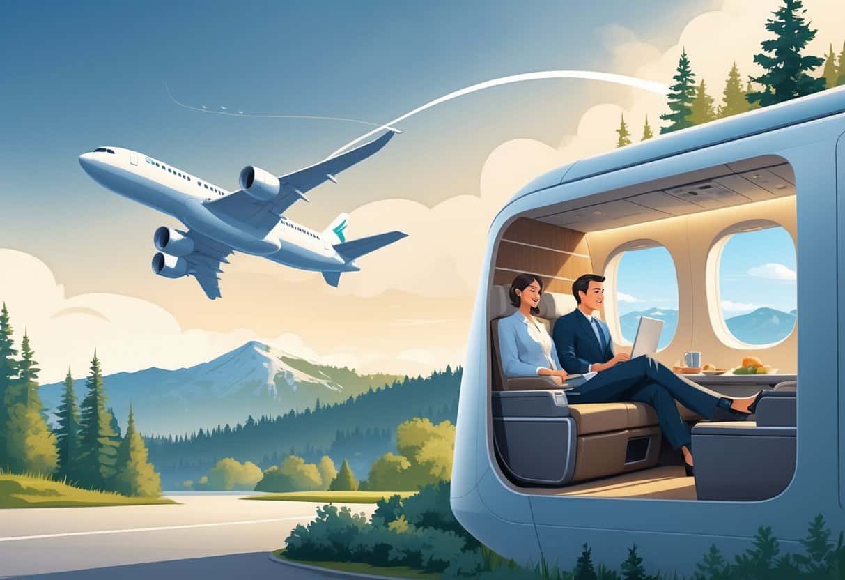 An airplane flying from a mountainous airport in Bend, Oregon toward Europe with a visible flight path and a glimpse of a luxurious business class cabin inside the plane.