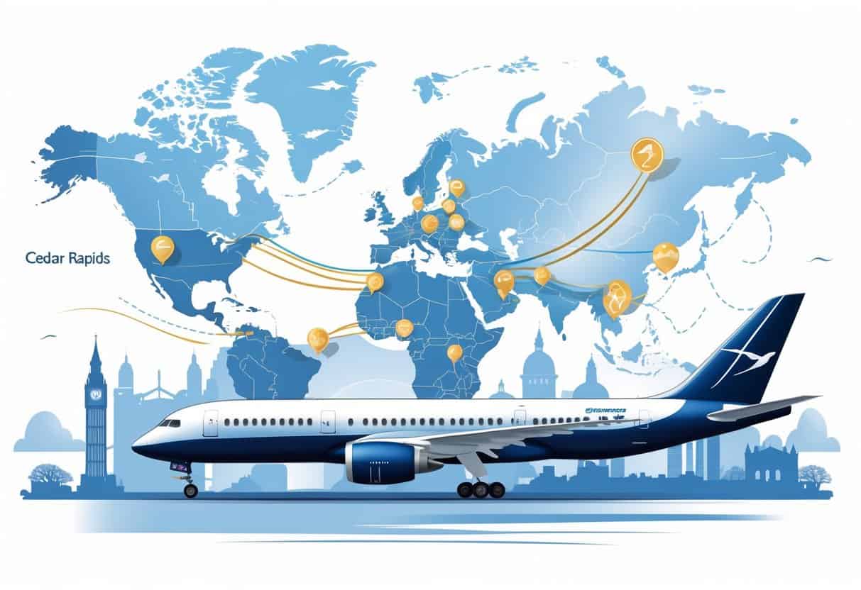 An airplane flying from Cedar Rapids, Iowa toward Europe with a map showing flight routes and iconic European landmarks in the background.