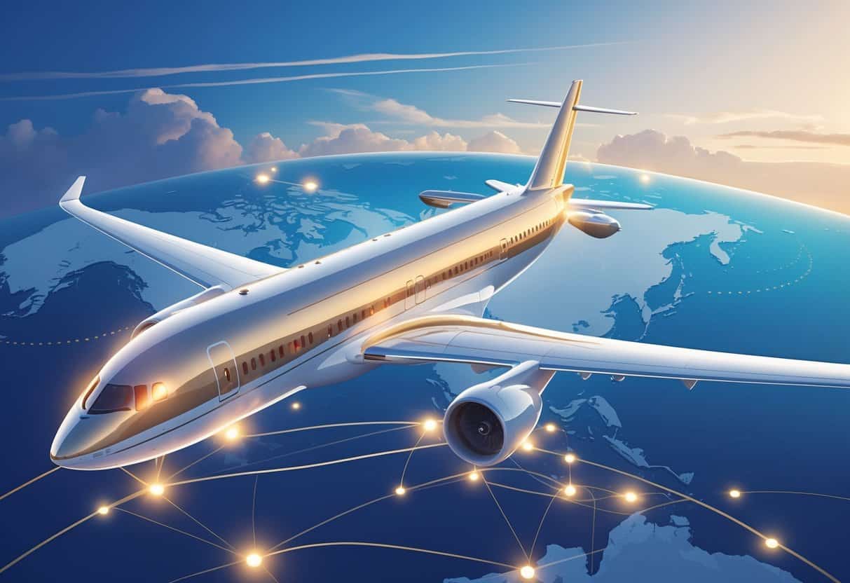 An airplane flying over a map showing a route from Billings, Montana to several European cities, highlighting business class travel.