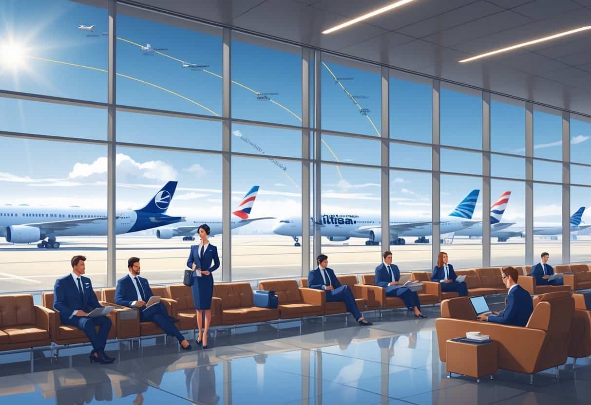 Airport lounge with business travelers and airplanes preparing for flights from Billings to Europe visible through large windows.