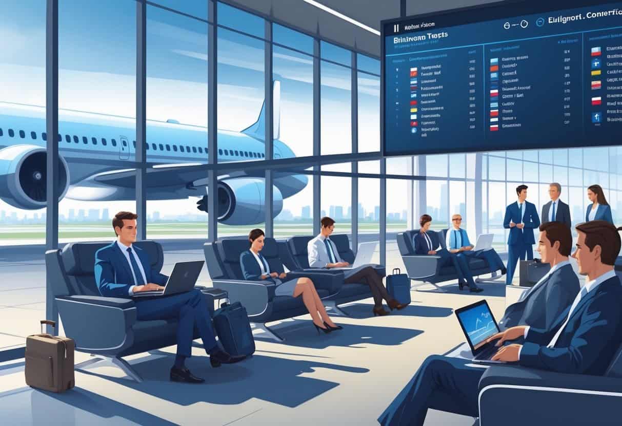 A busy airport lounge with business travelers seated and working, an airplane outside the window, and a digital map showing flight routes from Bridgeport to Europe.