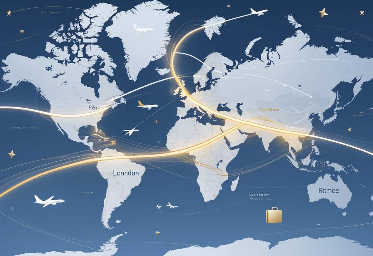 Map showing flight routes from Carrollton, Texas to major cities in Europe with airplanes and travel icons.