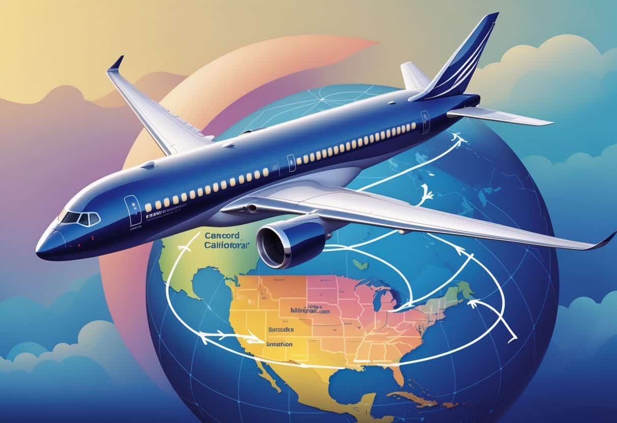 An airplane flying over a map showing a flight route from Concord, California to Europe with iconic European landmarks visible.