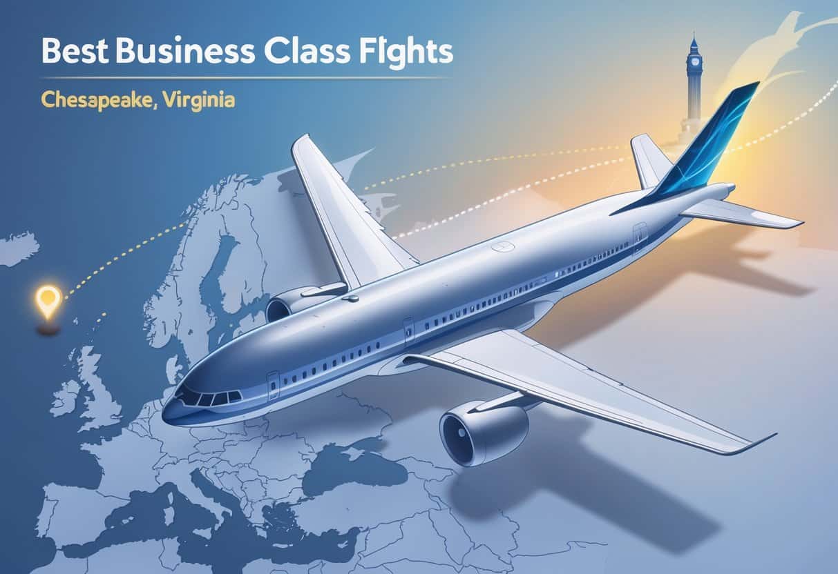 An airplane flying over a map from Chesapeake, Virginia to Europe with highlighted cities and faint European landmarks in the background.