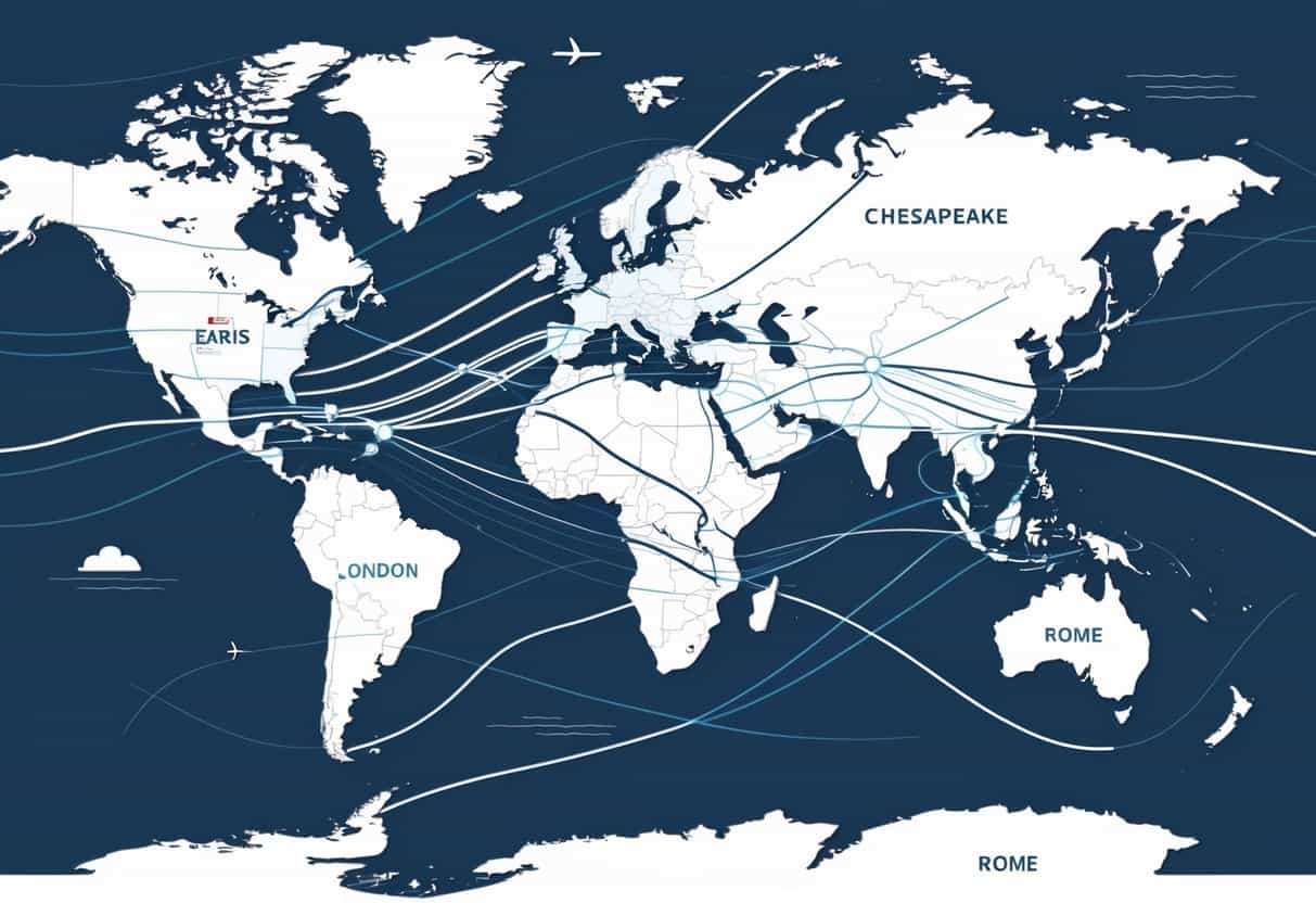 A map showing flight routes from Chesapeake, Virginia to several major cities in Europe with curved lines connecting the locations.