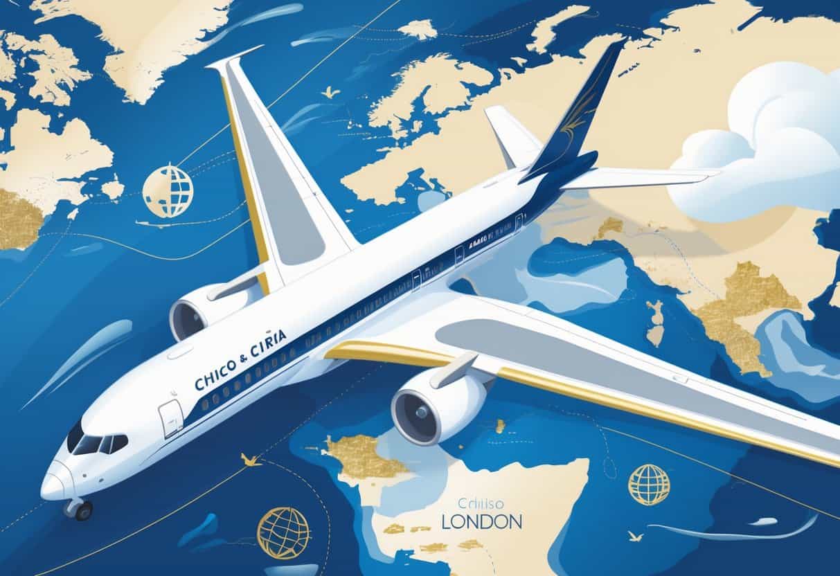 An airplane flying above a map showing a route from Chico, California to major cities in Europe, highlighting luxury business class travel.