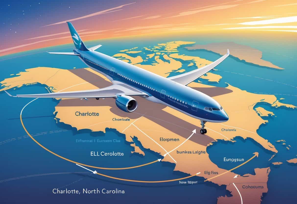 An airplane flying over a map connecting Charlotte, North Carolina to major European cities with famous landmarks visible below.