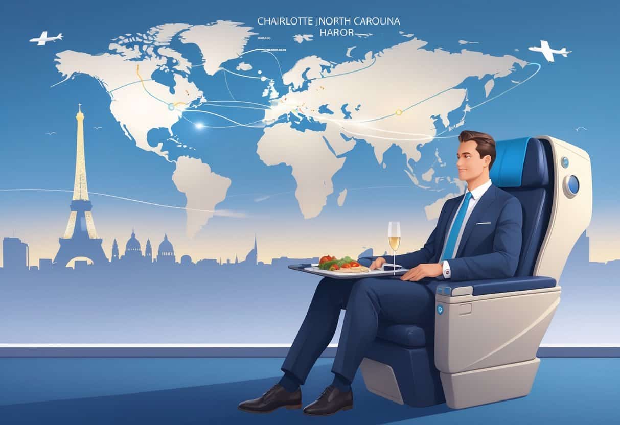 A business traveler seated comfortably in a luxurious airplane cabin with a view of a flight route map from Charlotte to European cities and faint outlines of European landmarks in the background.