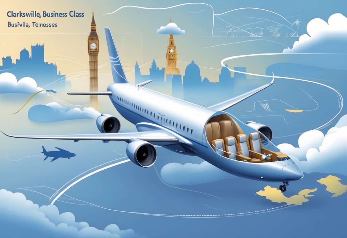 An airplane flying from Clarksville, Tennessee toward Europe with famous landmarks visible in the distance, highlighting a luxurious business class travel experience.