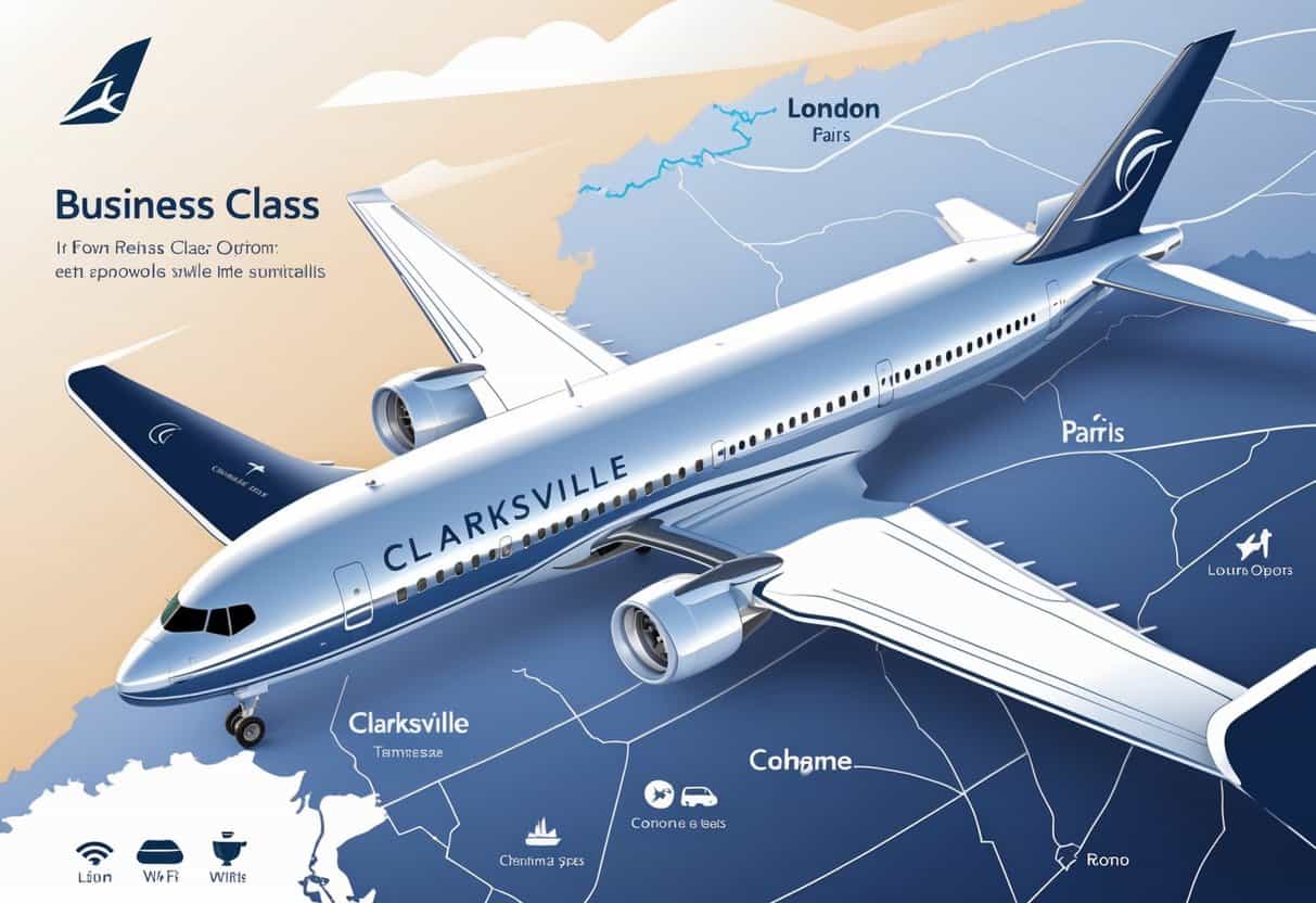 An airplane flying over a map showing Clarksville, Tennessee and major cities in Europe, illustrating business class flight options.