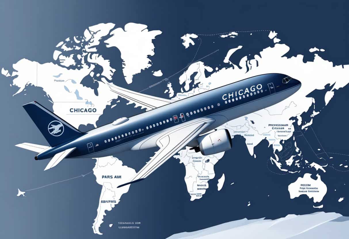 An airplane flying from Chicago toward Europe over a map, with icons of European landmarks and a business class cabin interior showing comfortable seats and passengers.